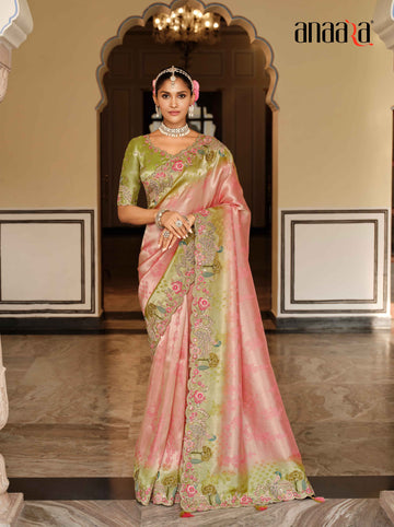 Pink Pastel Green Ziraf Silk Traditional Saree with Embroidery & Handwork - 7802